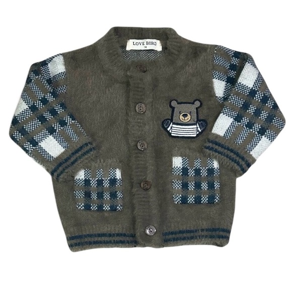 Love Bird Other - Love Bird Fuzzy Knit Kids Cardigan Brown Plaid Teddy Bear Patch Soft Angora Feel